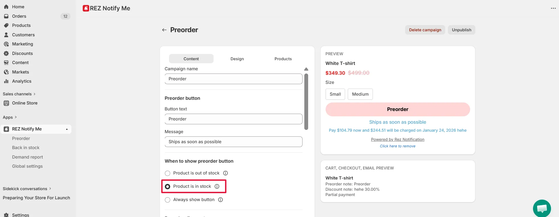Screenshot: In REZ settings, select the option to show preorder on in-stock products.