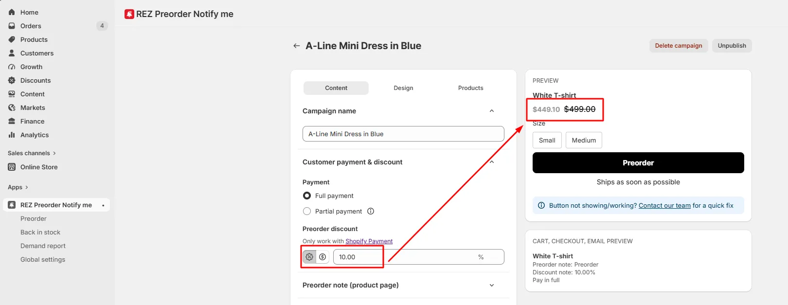 Screenshot: Add the same discount to your REZ campaign so the discount information can be displayed on the product page.