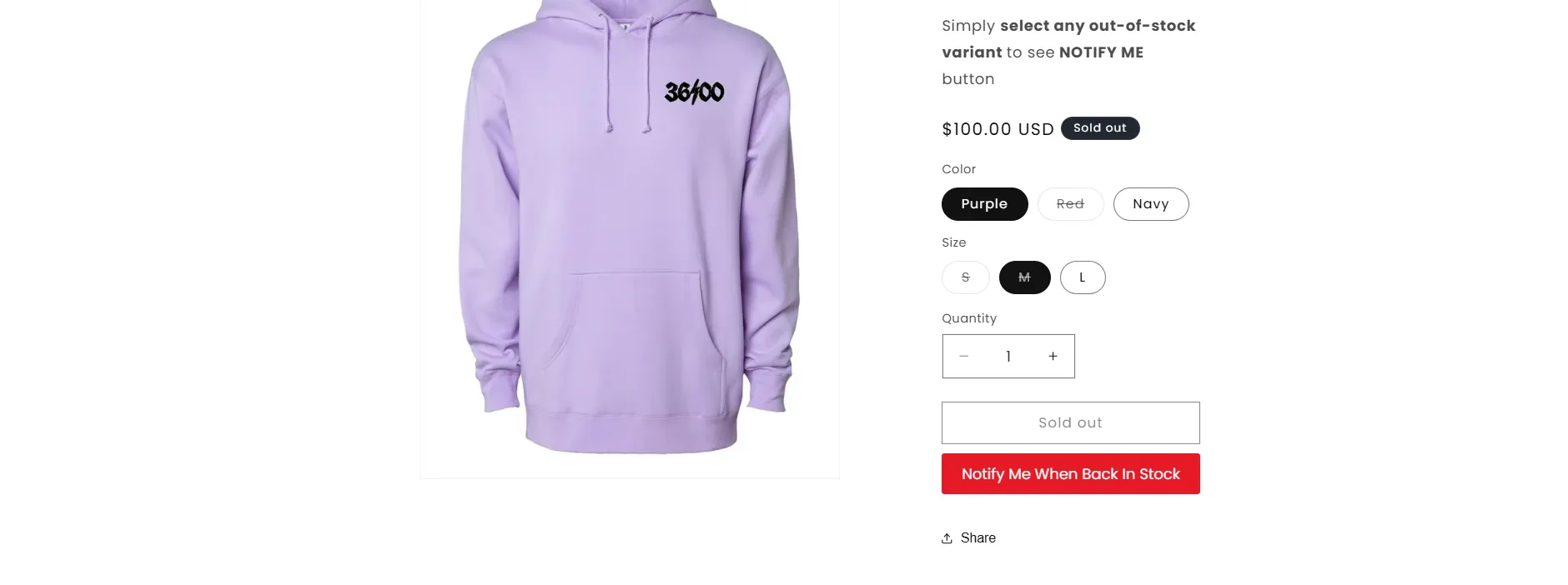 Screenshot: When a product or variant is out of stock, the “Add to Cart” button changes to “Notify Me” (or similar text).
