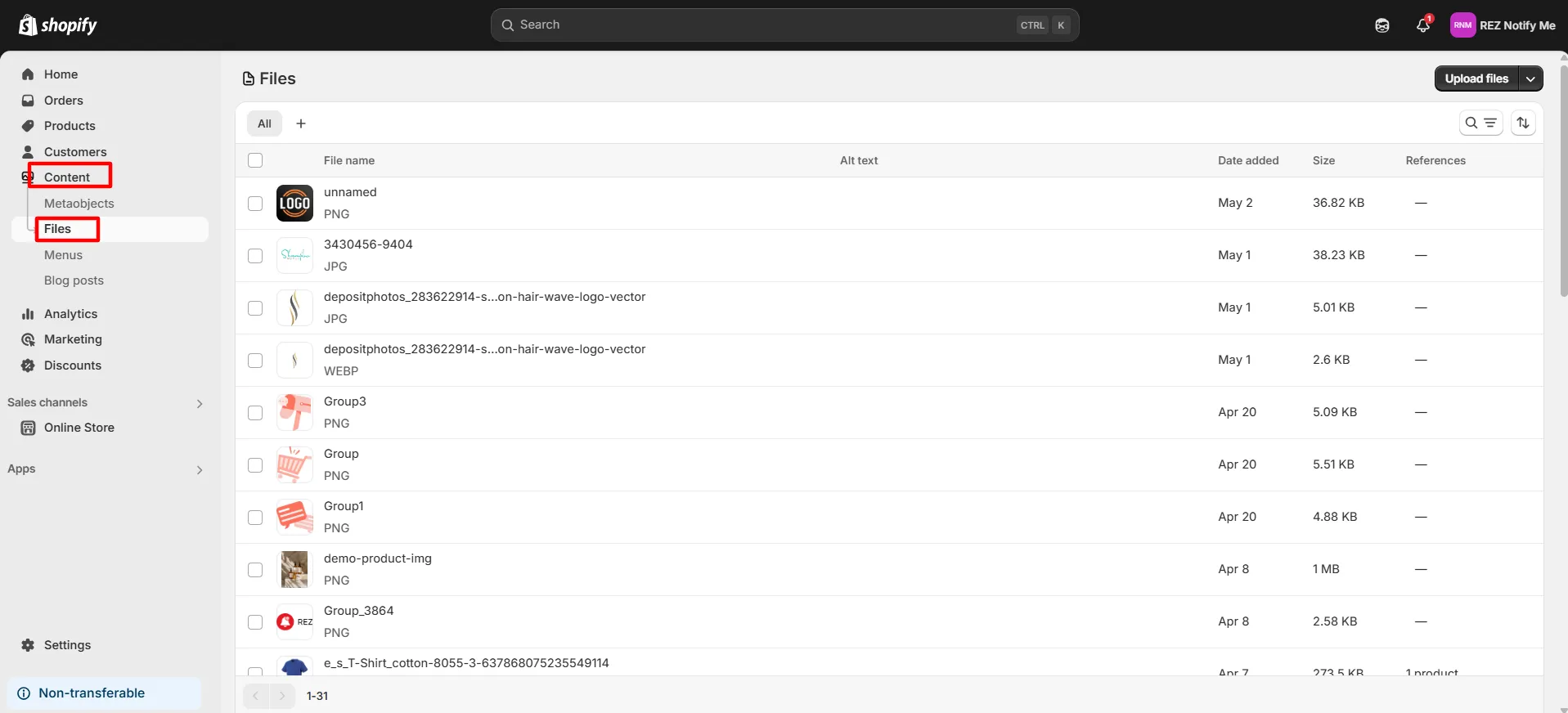Screenshot: 2. In the left-hand menu, click Content → Files.