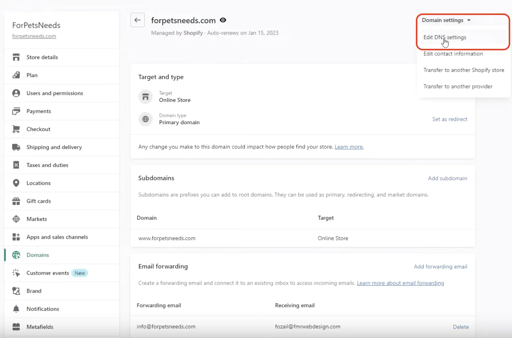 Screenshot: 3. Click Domain settings Edit DNS settings.