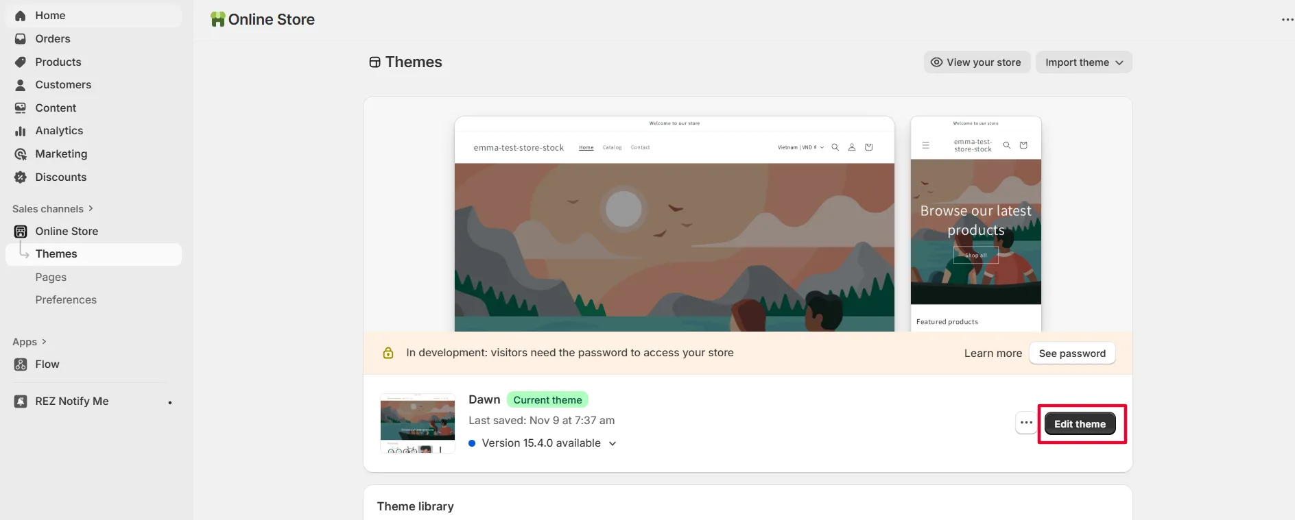 Screenshot: STEP 1: Go to Online store Click Edit theme