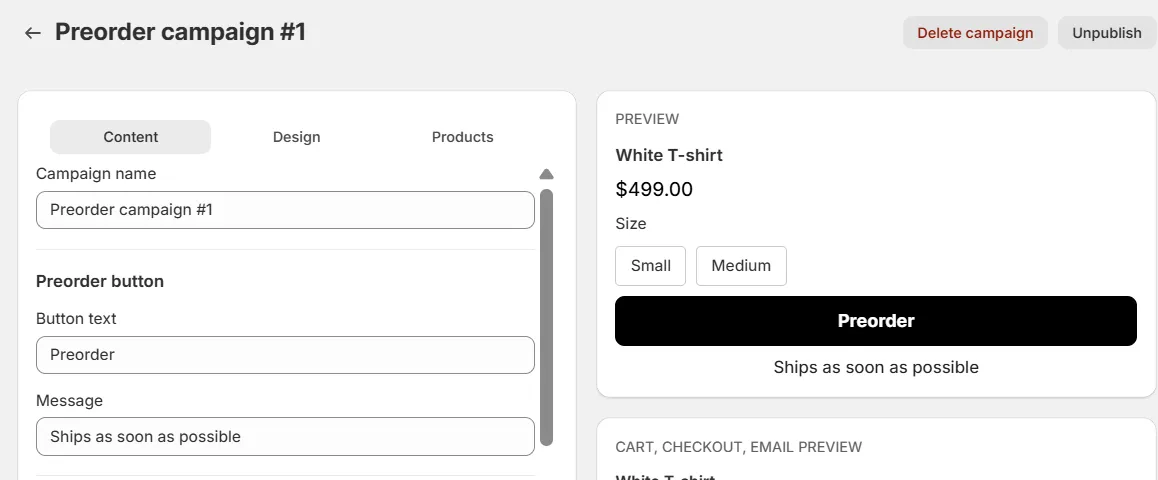 Screenshot: Fill in button text and message, it will show to customers
