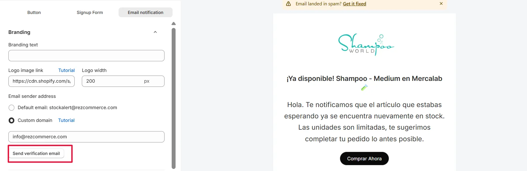 Screenshot: STEP 2: Click “Send verification email” in the app.