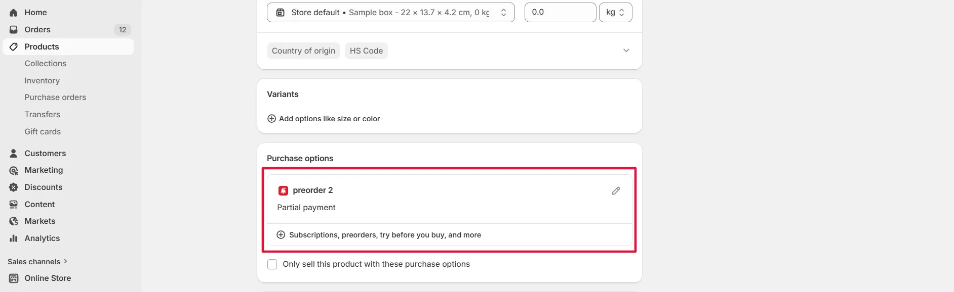 Screenshot: The purchase option was not added correctly to your product, so Shopify doesn’t recognize it as a preorder item when adding to cart.