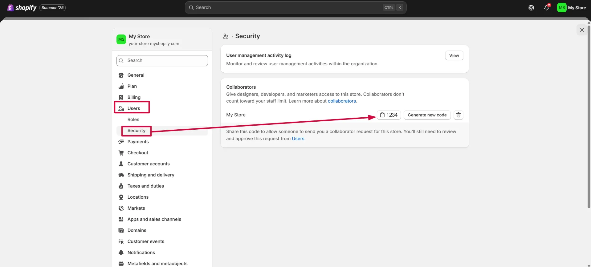 Screenshot: In the tab Users, go to Security, and in Collaborators you will get the 4-digit code