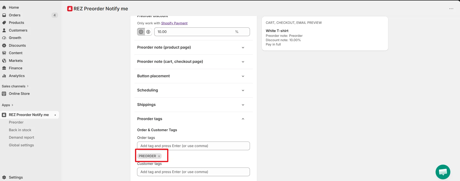 Screenshot: Step 1: Add tags for preorder order