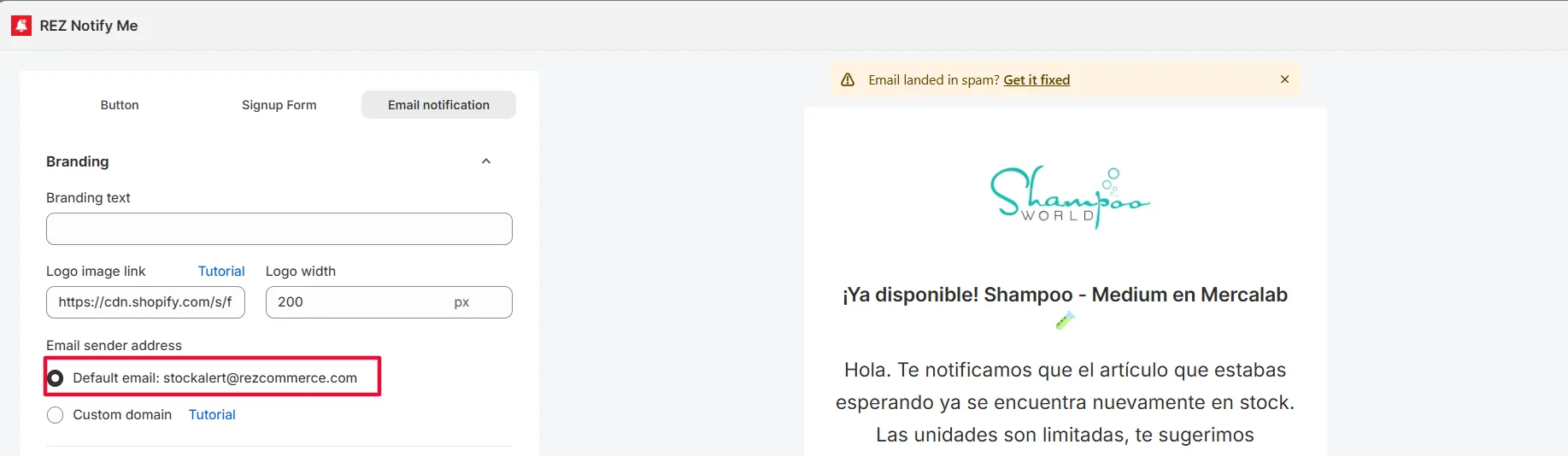Screenshot: In that case, emails will be sent from our default email address.