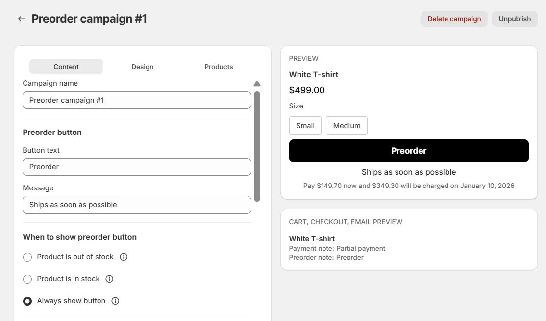 Screenshot: This article explains the 3 main settings for preorder campaigns and how they work.