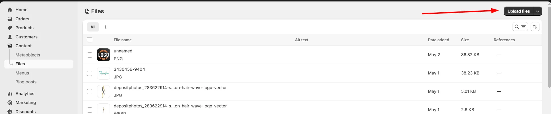 Screenshot: 3. Click the Upload files button.