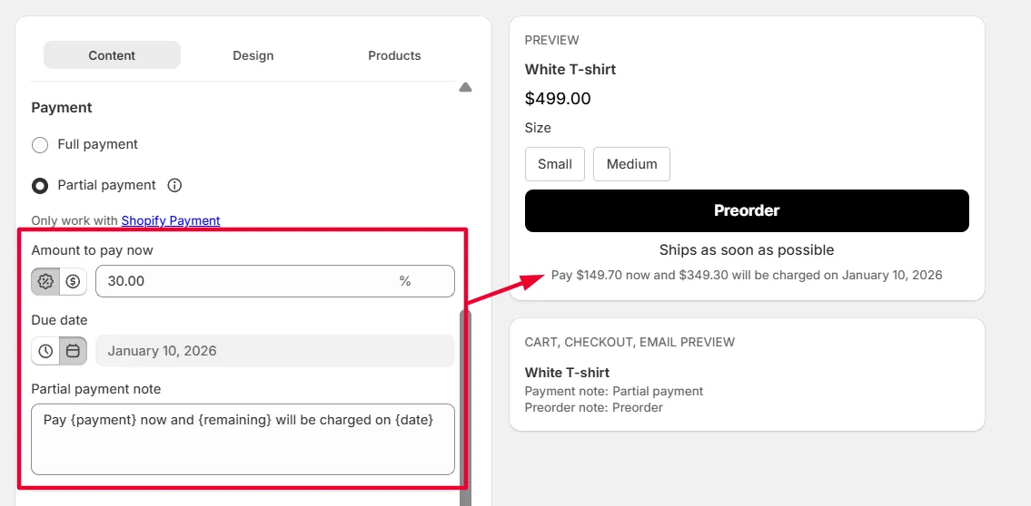 Screenshot: You can choose how much to collect upfront (a percentage or a fixed amount) and set a date to collect the remaining balance later.