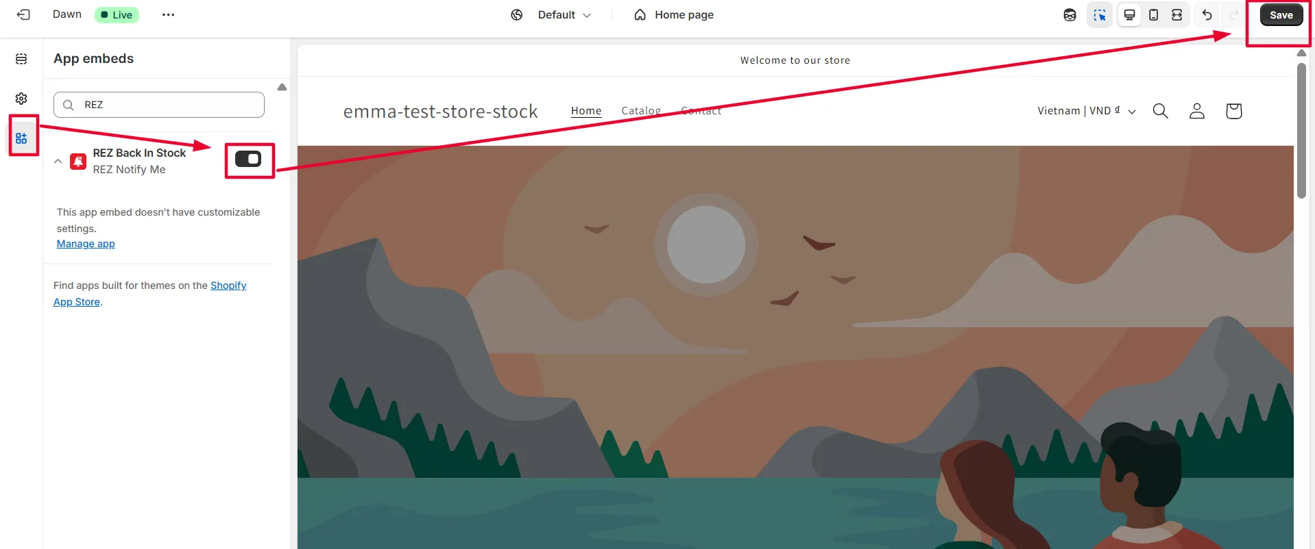 Screenshot: STEP 2: Go to app embeds Enable REZ Click save