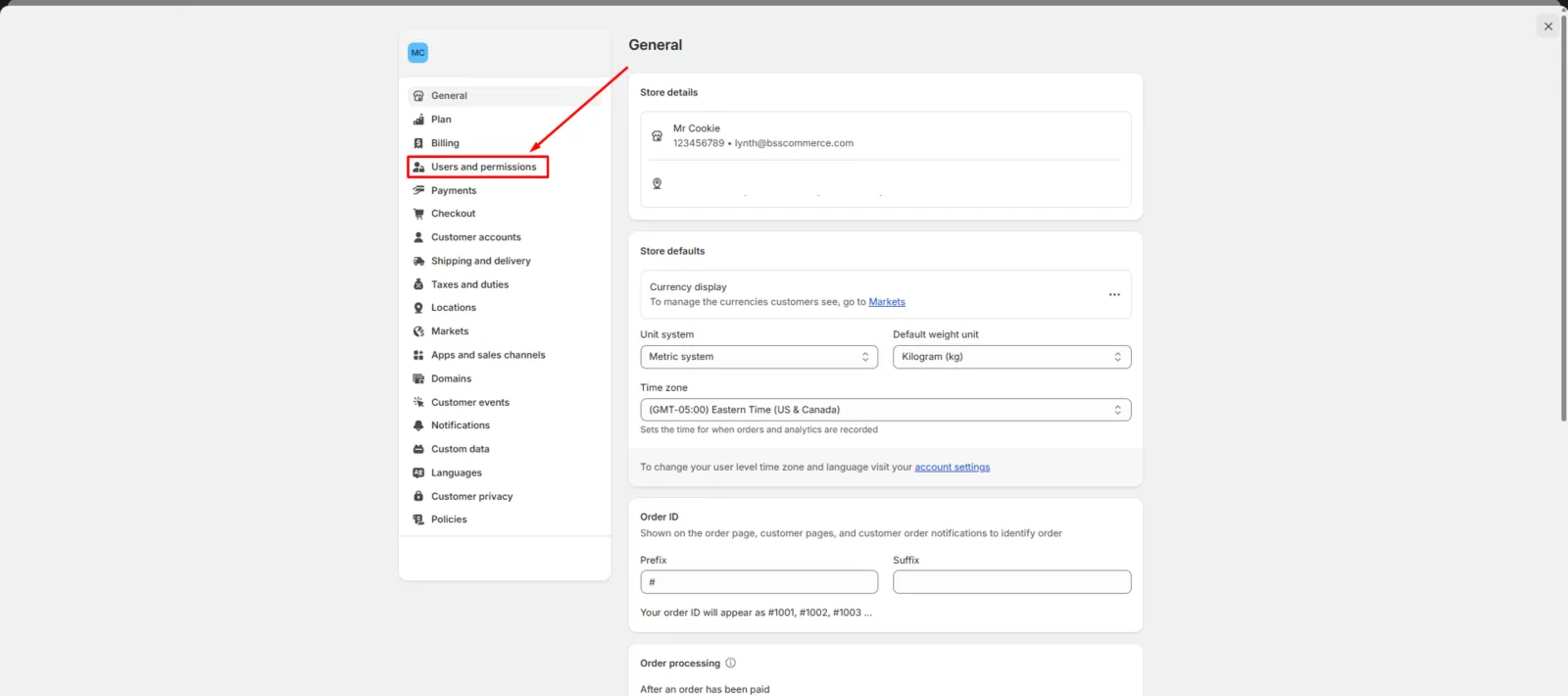 Screenshot: Go to Users and permissions