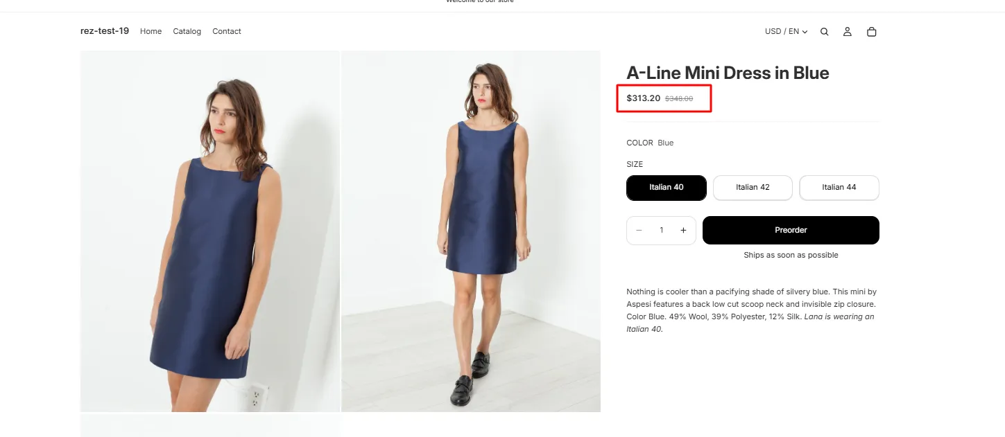 Screenshot: This helps customers see the reduced preorder price (on product page) before checkout.