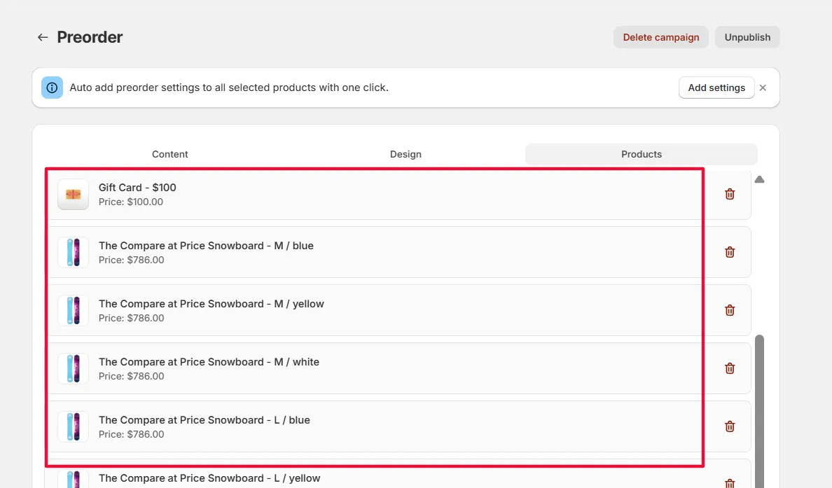 Screenshot: Choose the specific products that you want to allow preorders for.