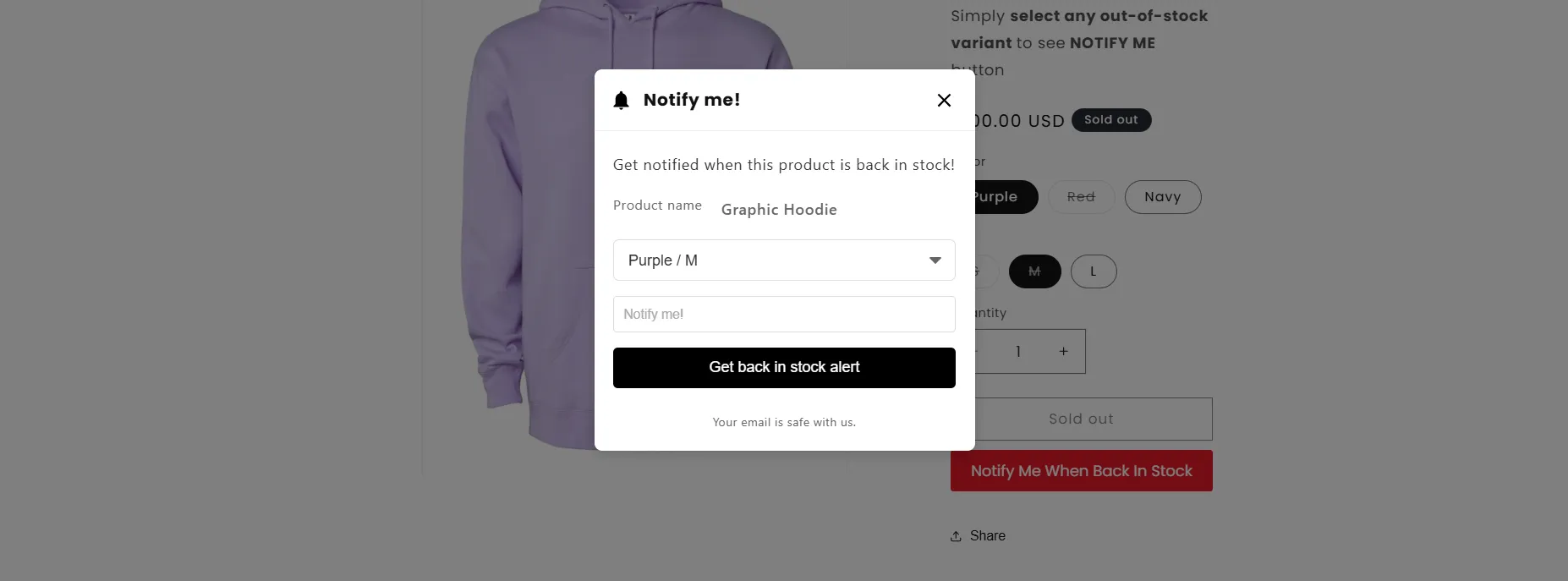 Screenshot: Customers can click it to open a simple form to leave their email.