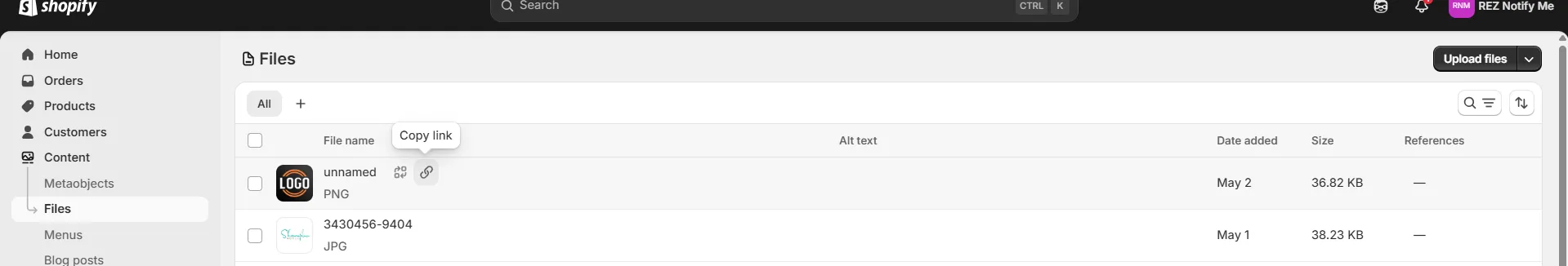 Screenshot: 1. Click the link icon or right-click on the file name and choose Copy link address.