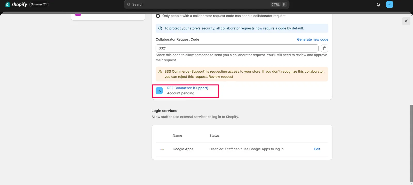 Screenshot: Scroll down to “Collaborators”. You will see “REZ Commerce (Support)” request a collab access. Click on it