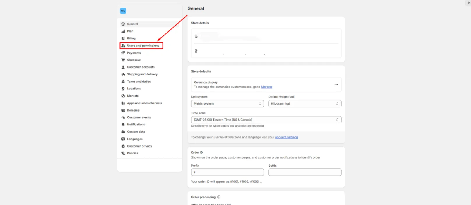 Screenshot: Go to Users and permissions