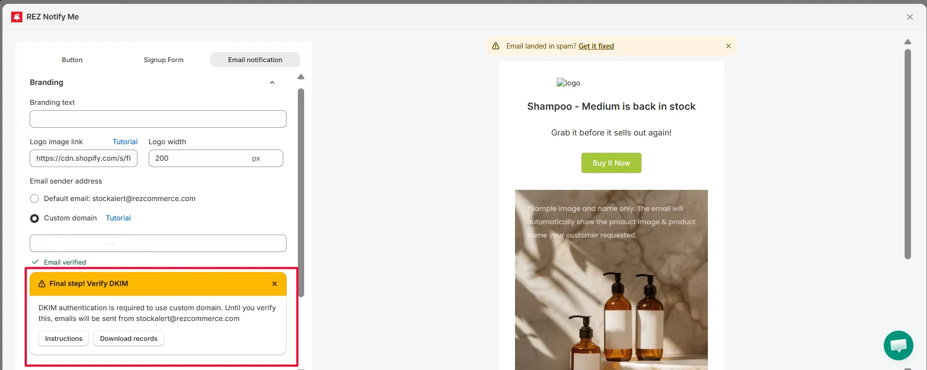 Screenshot: Return to the app and refresh. A banner will appear asking you to verify DKIM. Download the DNS records and follow the instructions to add t