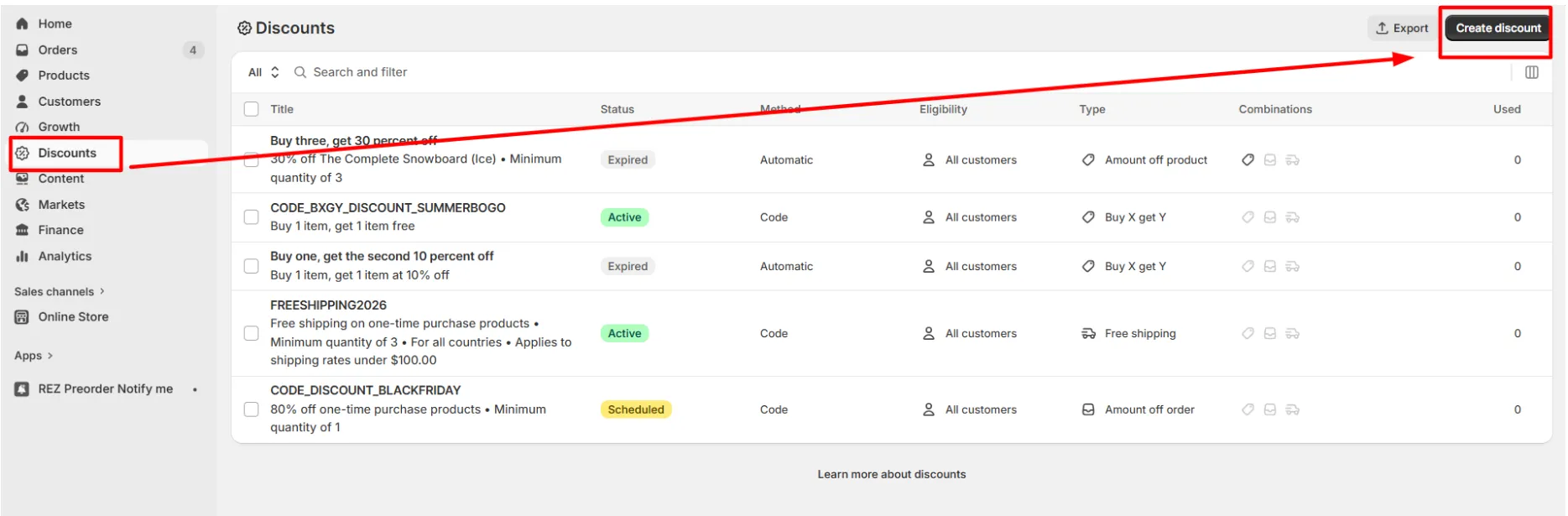 Screenshot: 3. Click Create discount