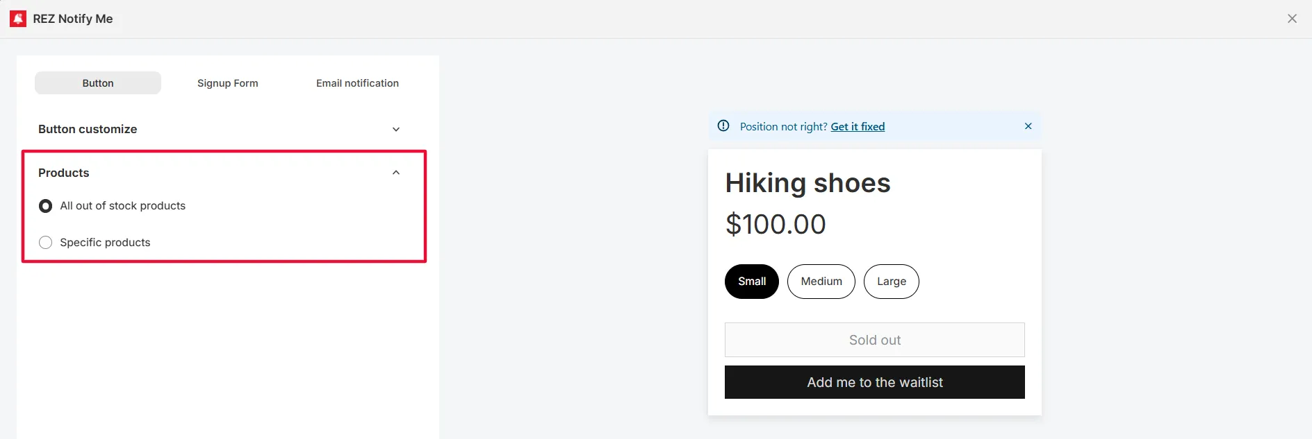 Screenshot: The button will only appear on products that are included in your Back in Stock setup.
