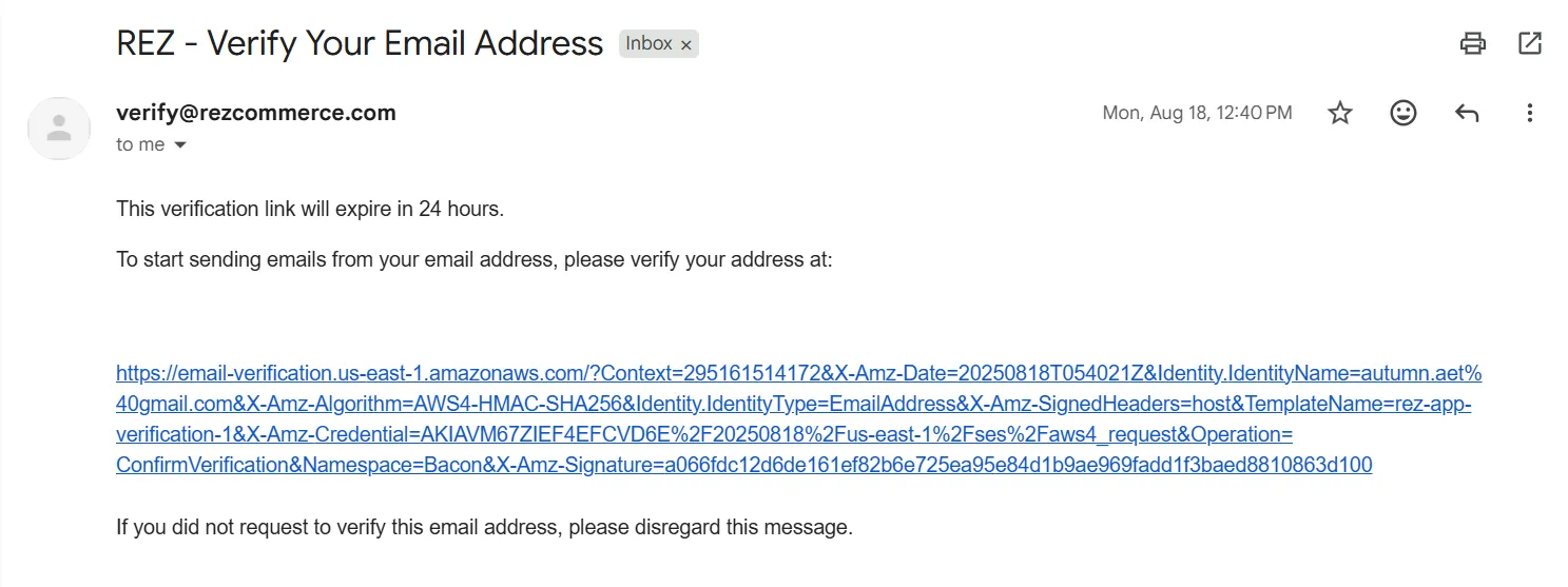 Screenshot: Open the inbox of the email you entered (e.g., ), find the email from REZ, and click the verification link. You will see a confirmation mess