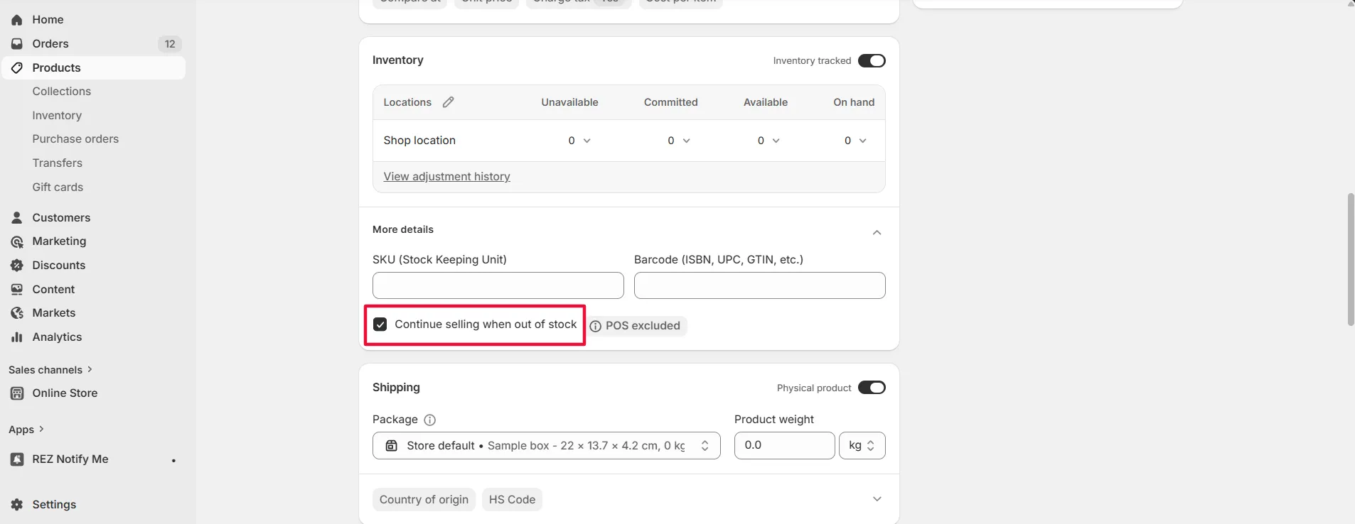 Screenshot: If your product is set to “Continue selling when out of stock”, Shopify still treats it as available, so the Back in Stock button may not ap
