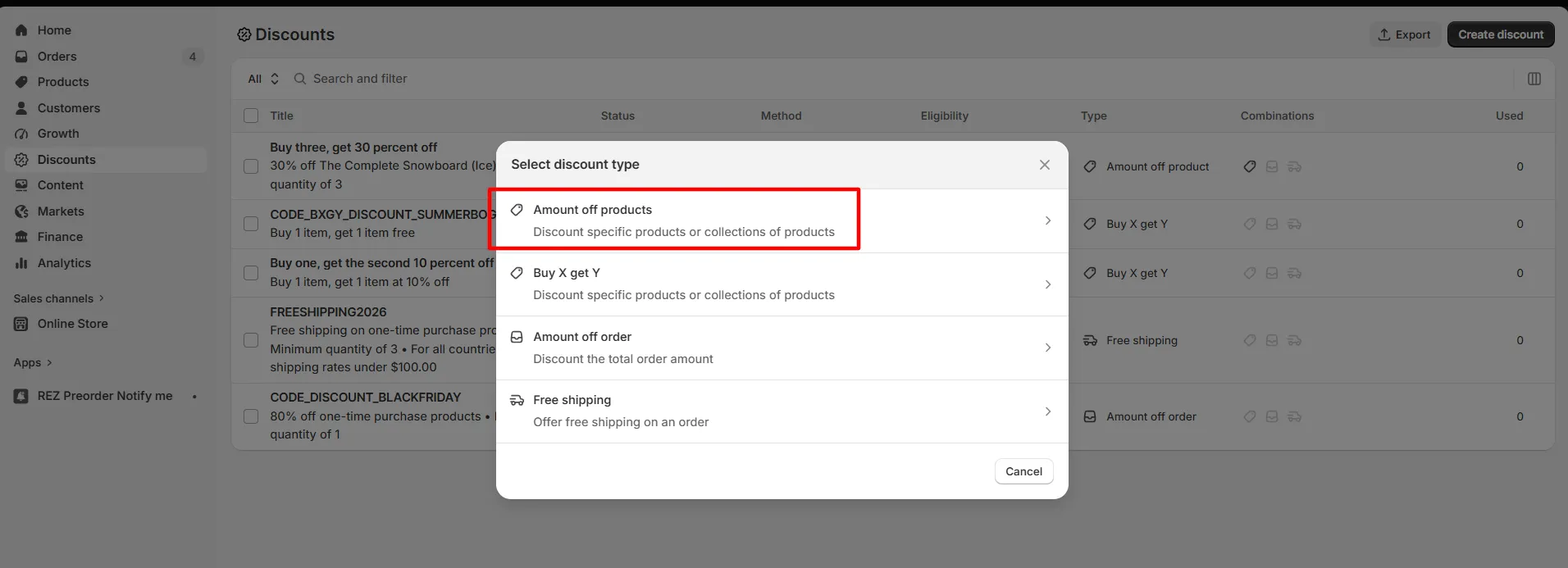 Screenshot: Select Amount off products → Fixed discount (example: $10 off)