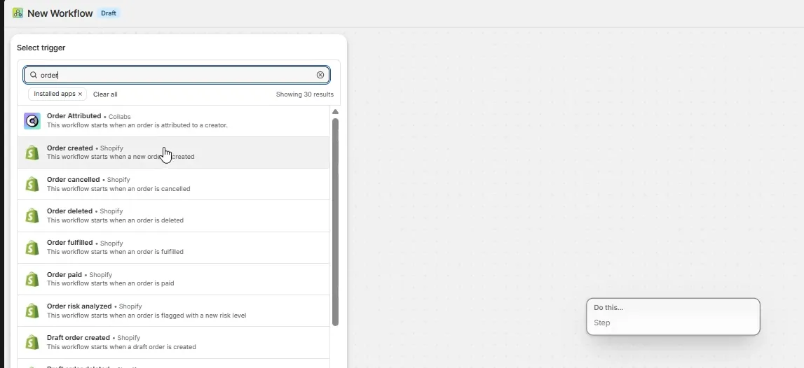 Screenshot: Trigger: Order created