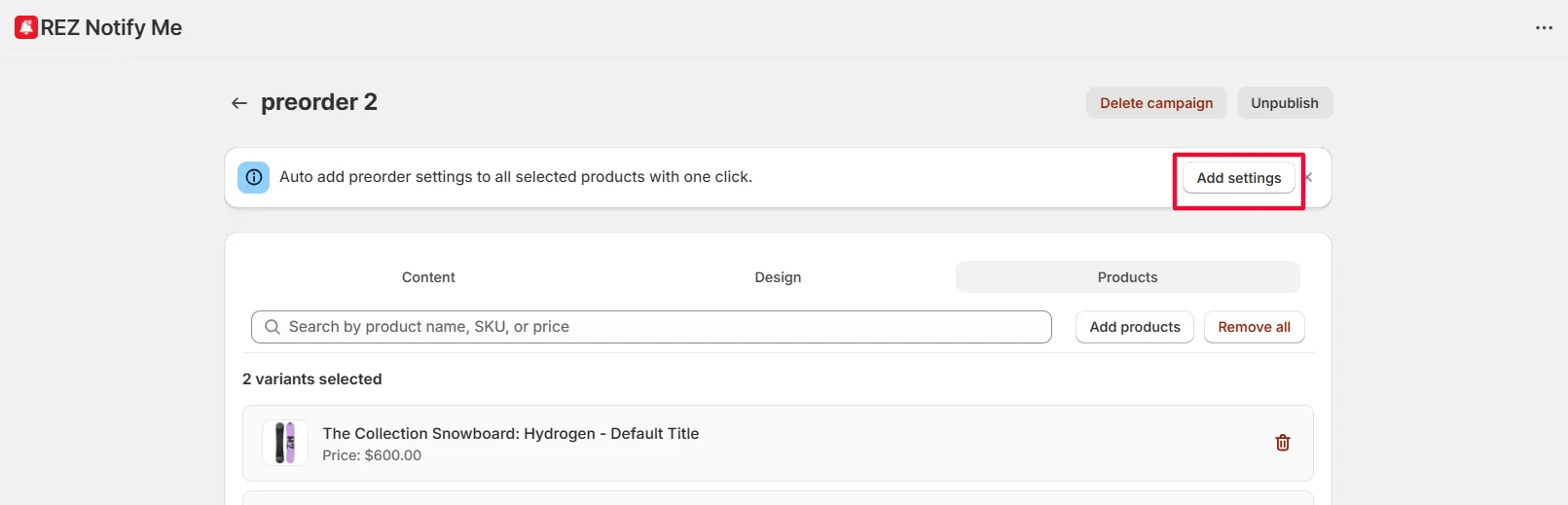 Screenshot: Click Add settings in the blue banner