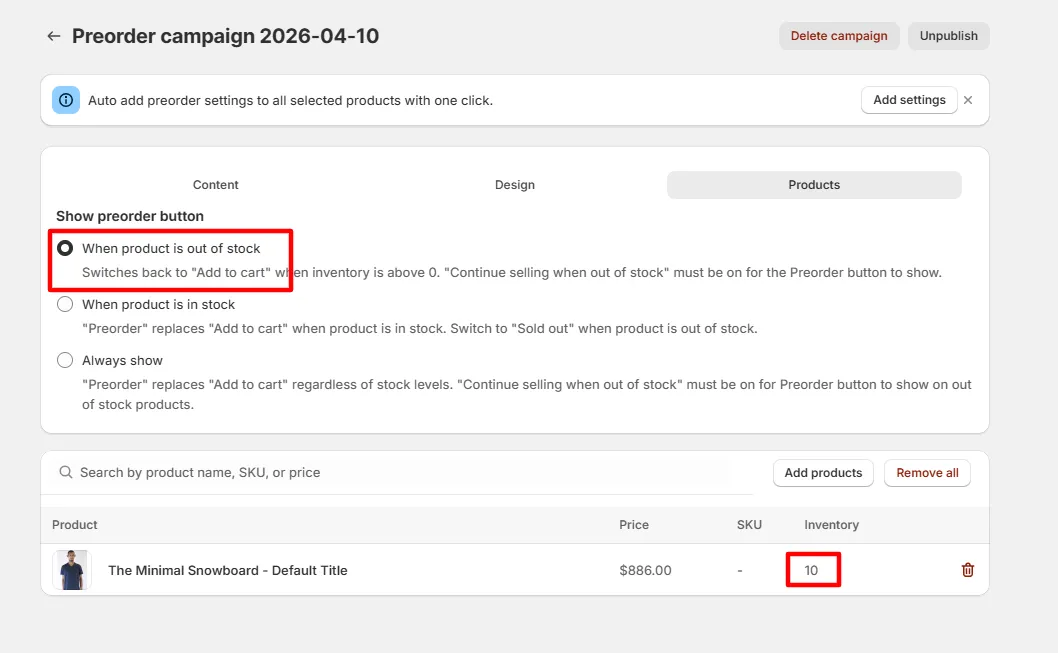 Screenshot: If you set preorder to show when the product is Out of Stock, it will not appear when the product is still In Stock