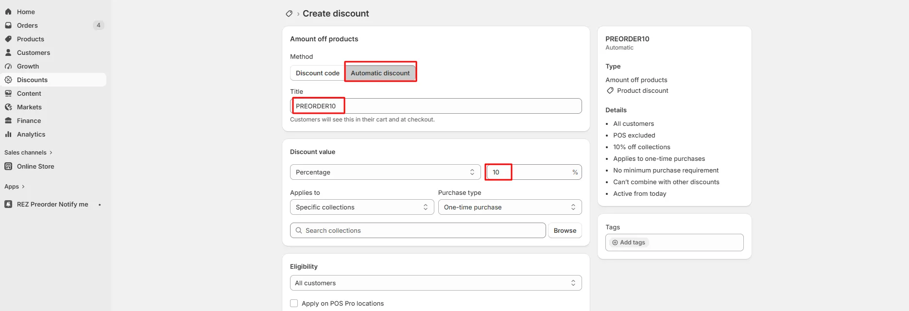 Screenshot: Discount value