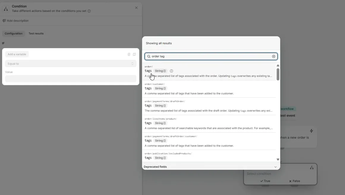 Screenshot: Add a condition true flow add variable search for “order tag” choose order/tag