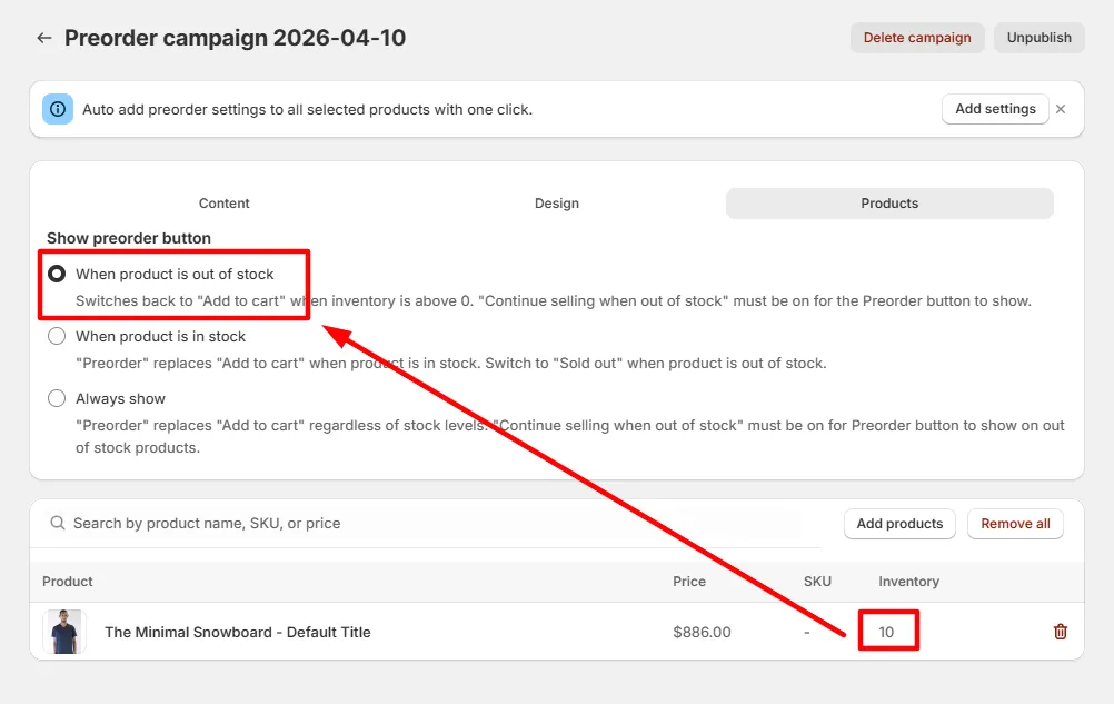Screenshot: Review the option: Show preorder button