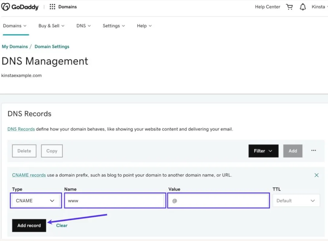 Screenshot: Example on GoDaddy: DNS management