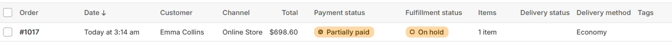 Screenshot: Order is marked as Partially Paid