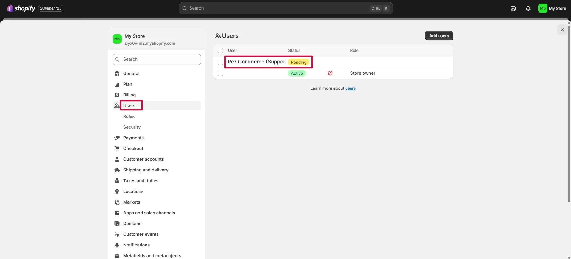Screenshot: Click on Users Find REZ Commerce (Support). Click on it