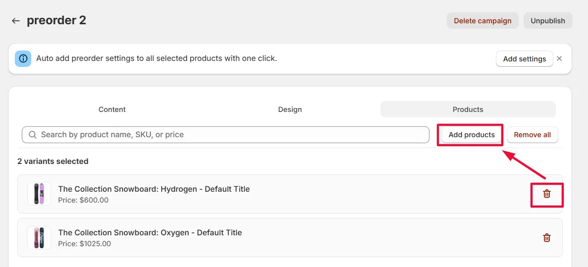 Screenshot: Add the product back to the campaign