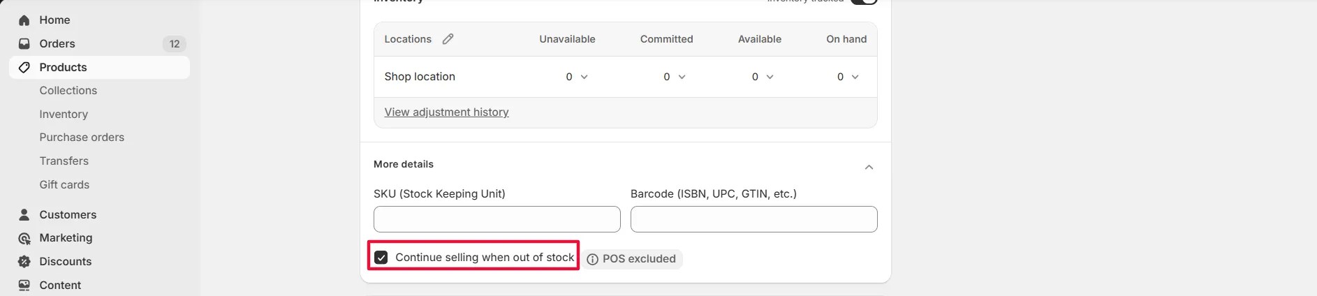 Screenshot: Enable “Continue selling when out of stock”