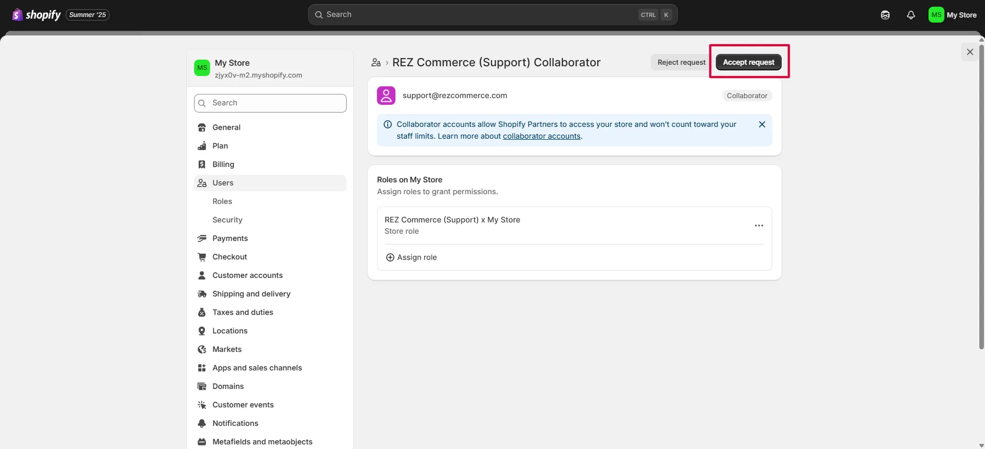 Screenshot: On the tab REZ Commerce (Support) Collaborator, click Accept request