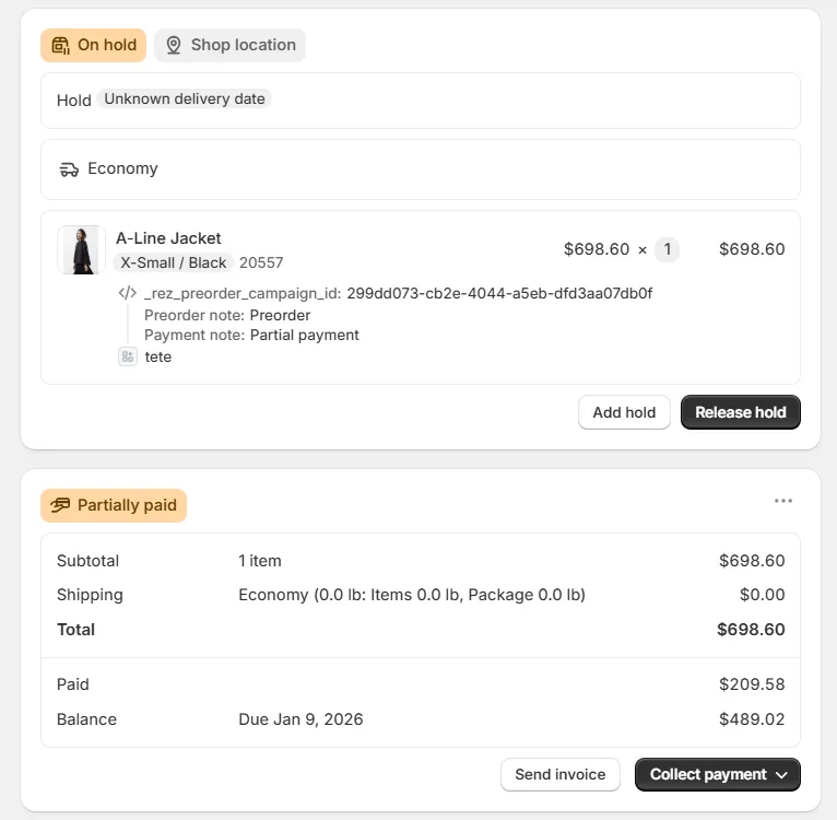 Screenshot: Order is marked as Partially Paid