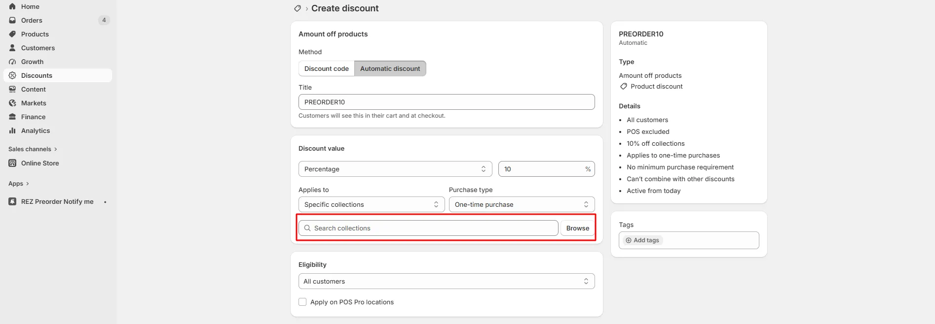 Screenshot: For easier management, group all preorder items into a dedicated collection (e.g. Preorder) and apply discounts at the collection level. Thi