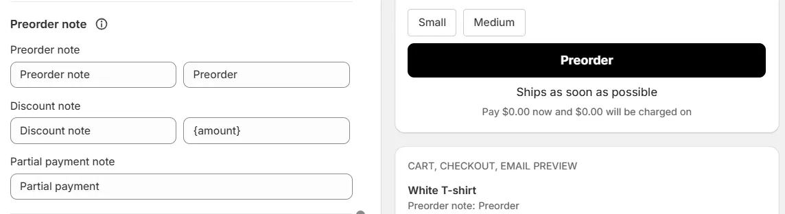 Screenshot: Partial payment note: Custom text explaining deposit or split payment terms when partial payment is enabled.