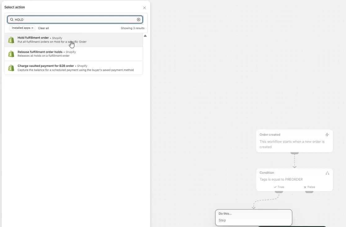 Screenshot: Action: Hold fulfillment order