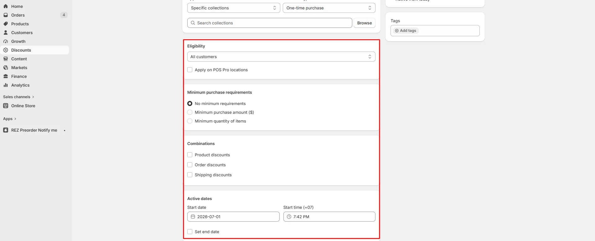 Screenshot: Start and end dates
