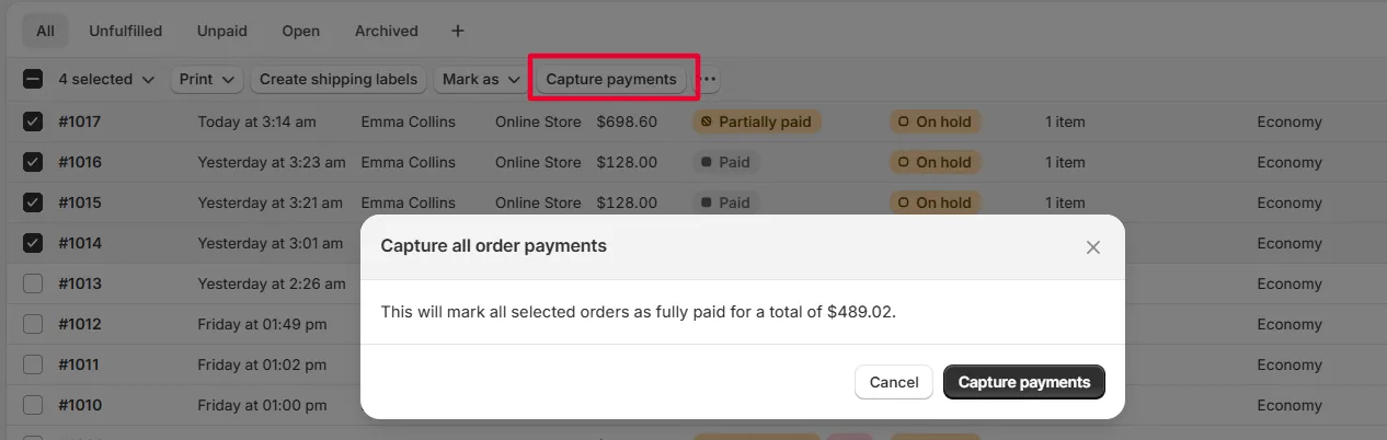 Screenshot: It only marks orders as paid (known Shopify issue)