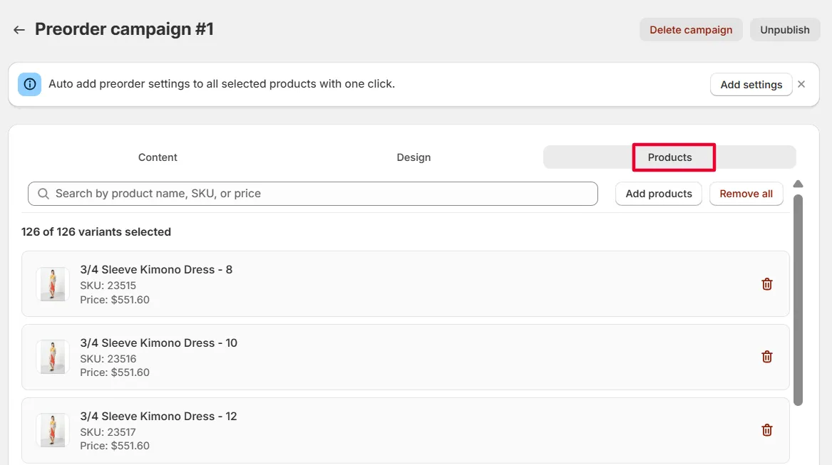 Screenshot: Note: You can remove these settings at any time by disabling or deleting the campaign.